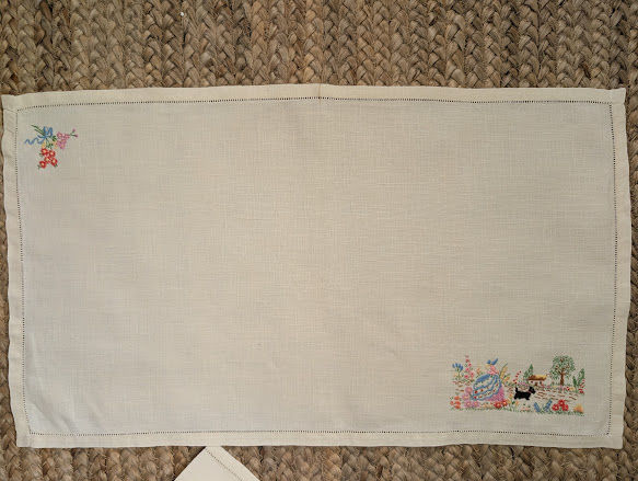 Thumbnail: Embroidered Table Linen Set Floral Scottie Dog Cottage 6 Piece Vintage
