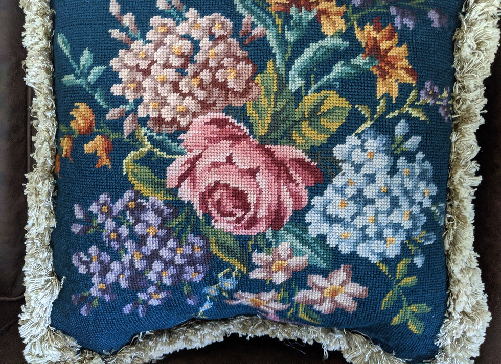Thumbnail: Needlepoint Pillow Floral Hand Stitched Blue Fringe 18x18 Feather Insert