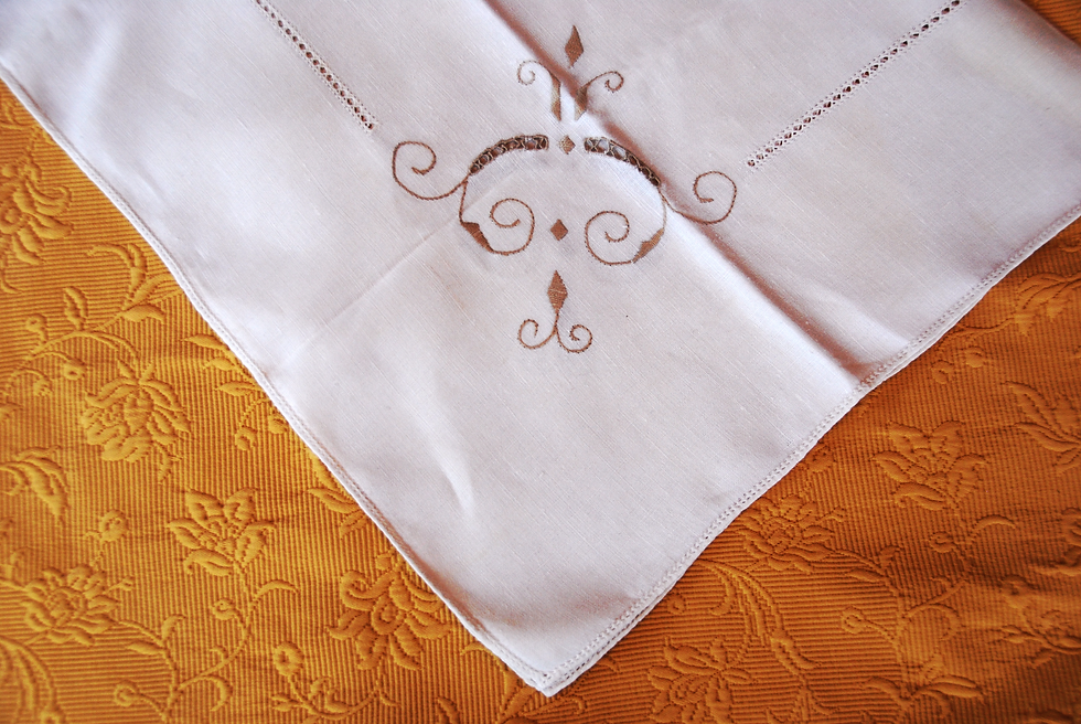 Italian Square Tablecloth 34" Four Napkins Tan Embroidery