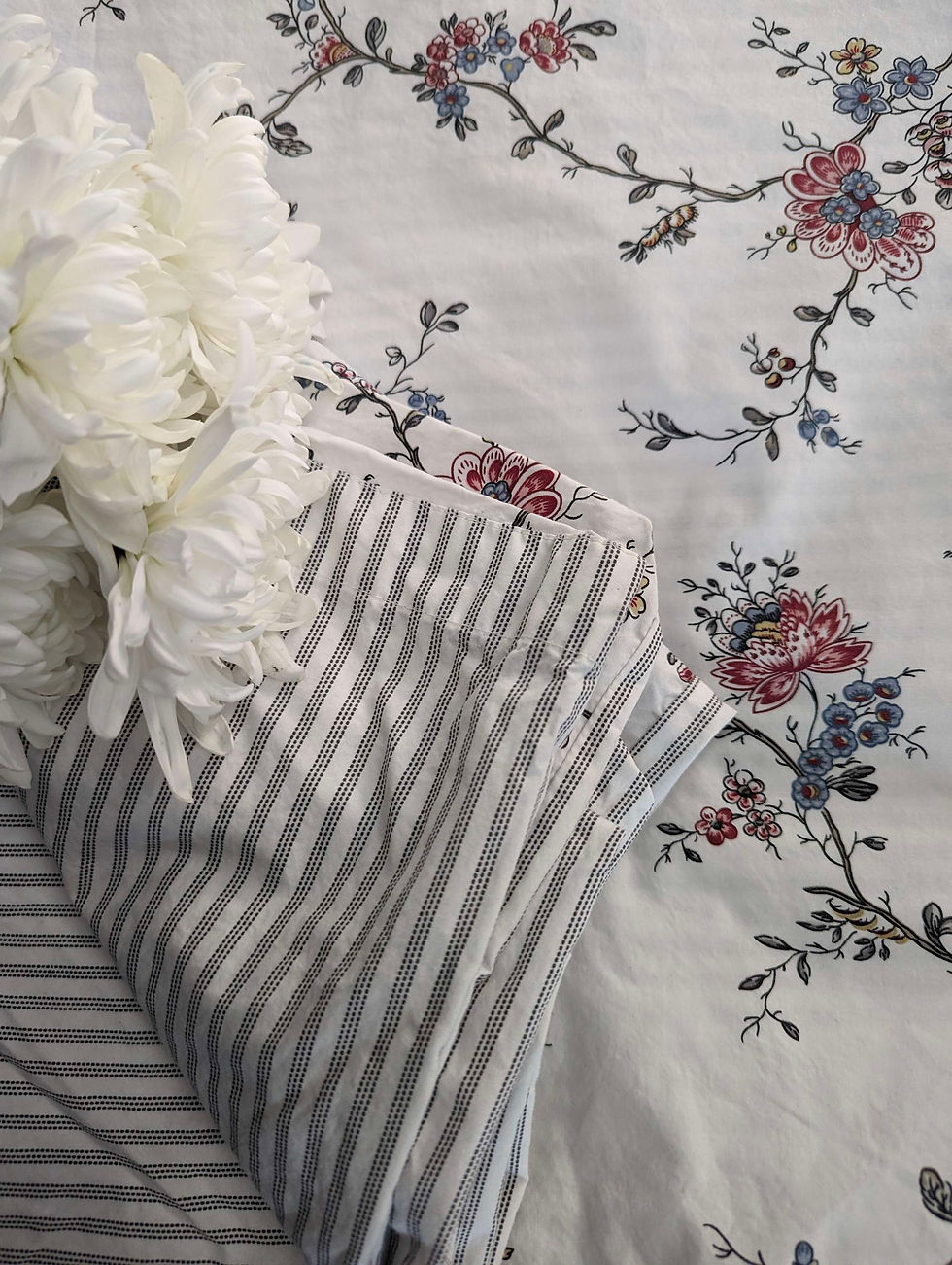 Thumbnail: Ikea Stenort Queen Full Duvet Cover Floral Ticking Stripe French Country Cotton