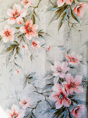 Thumbnail: Vintage Bark Cloth Curtain Panel Floral 56"L x 62"W Gray Pink