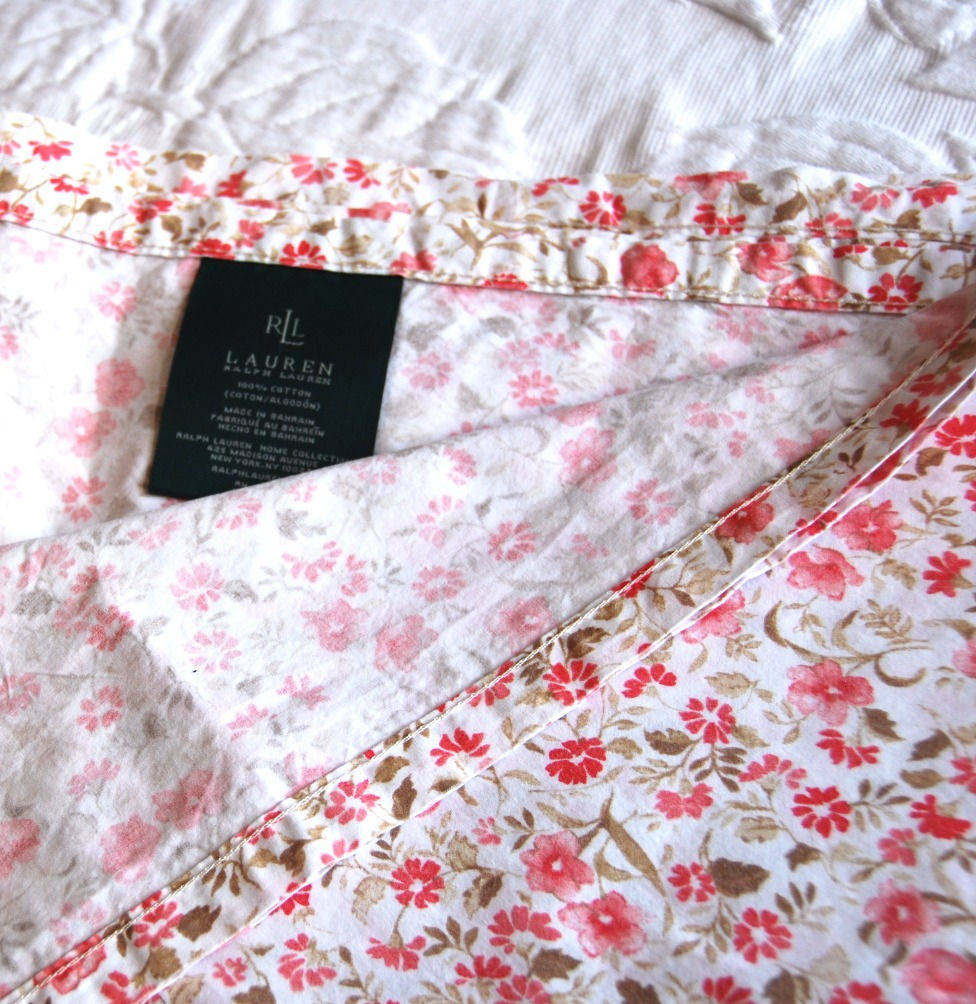 Thumbnail: Ralph Lauren Twin Coral Red Brown Floral Flat Sheet