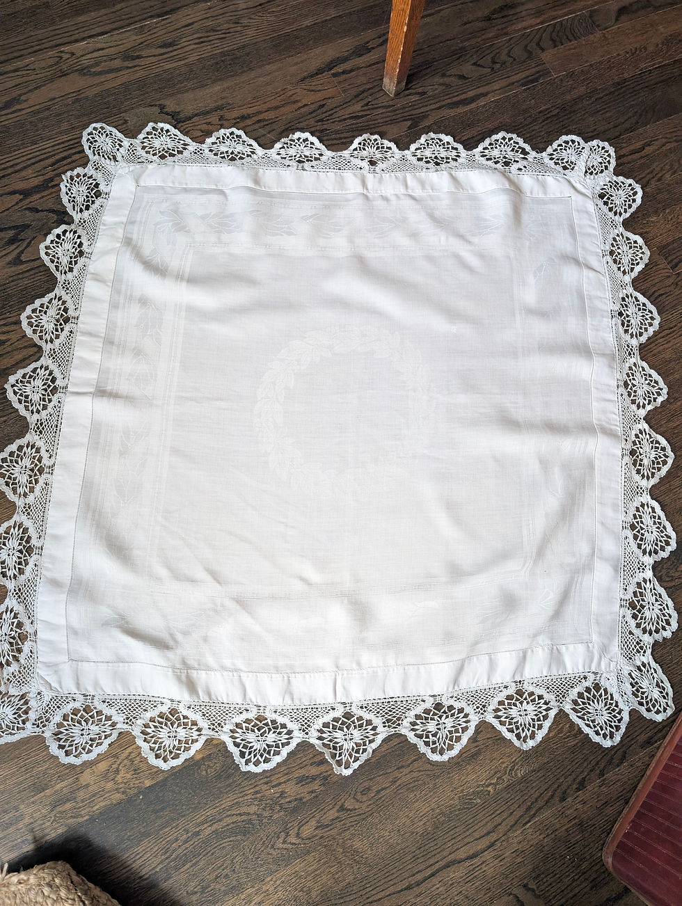 Thumbnail: Damask Square Tablecloth Crochet Trim 42in Laurel Wreath Design