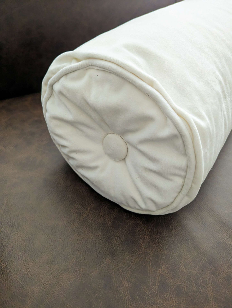 Thumbnail: White Velvet Bolster Pillow Feather Filling Buttons on Ends 22in