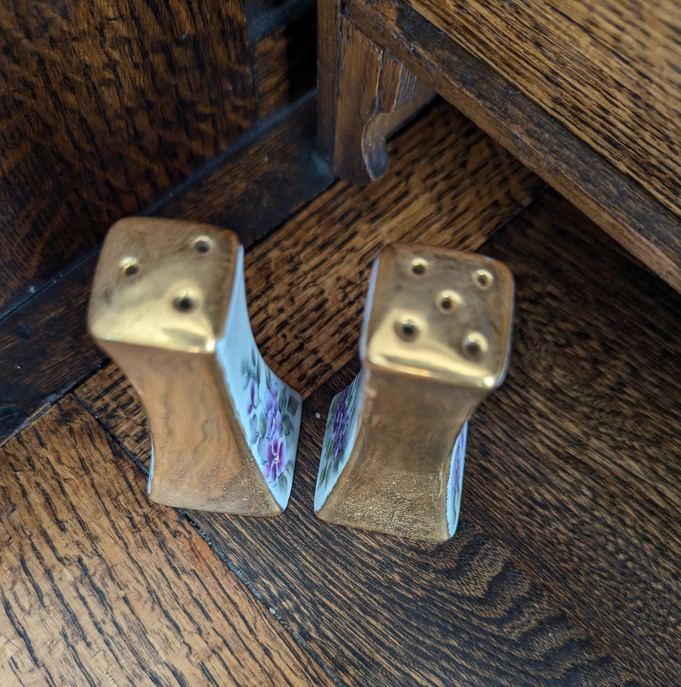 Thumbnail: Vintage Porcelain Hand Painted Salt Pepper Shaker Pair Violets Gilded