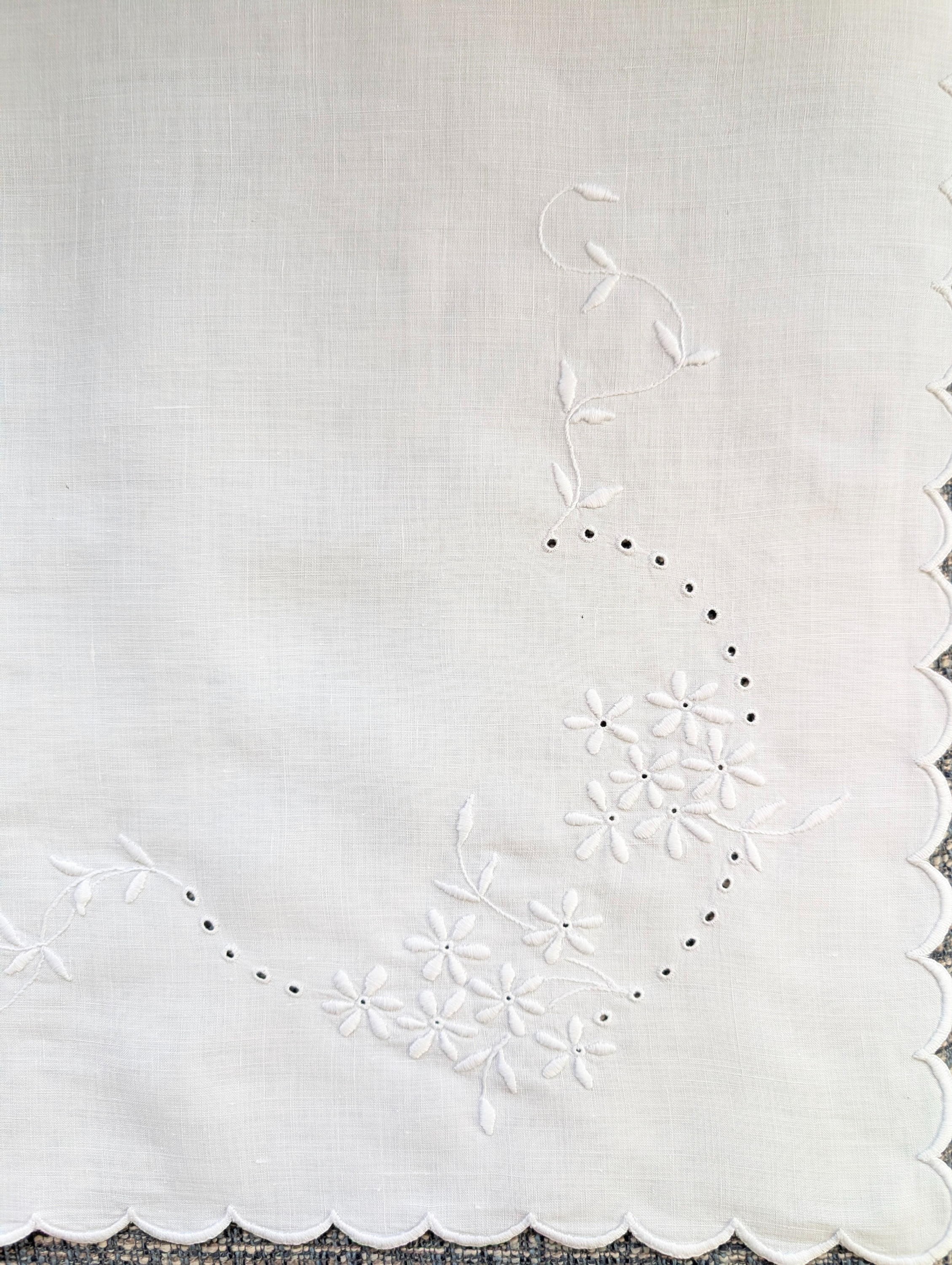 Antique White Linen Embroidered Runner Dresser Scarf Floral 45inch