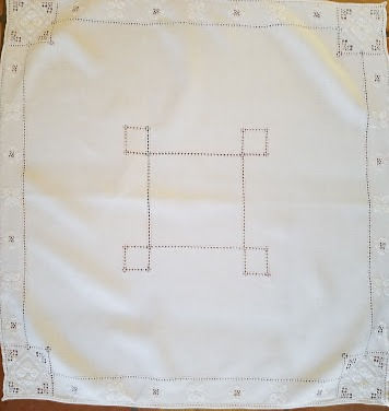 Vintage White on White 32in Square Tablecloth Embroidered