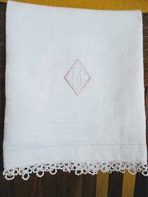 Vintage Linen Towel "M" Monogram White Pink