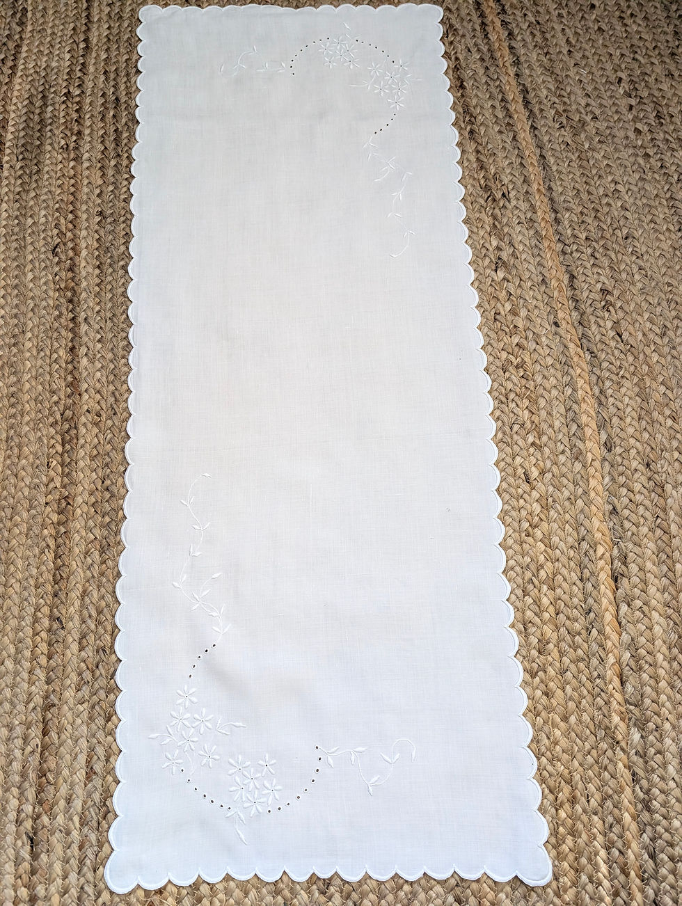 Thumbnail: Antique White Linen Embroidered Runner Dresser Scarf Floral 45inch