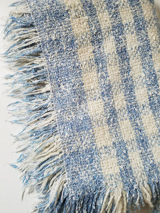 Wool Lap Blanket~Cream/Blue Weave~Fringe chickadee vintage