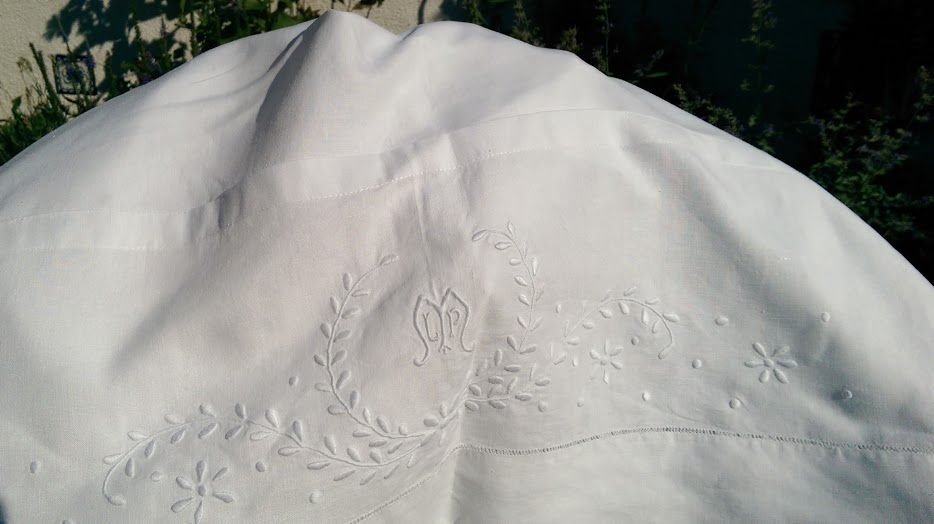 Thumbnail: Vintage Linen Sheet Full Double White Embroidery Monogram LPM Cotton