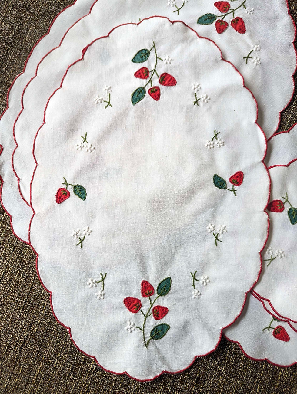 Thumbnail: Oval Embroidered Strawberries Placemats Napkins Set of 3