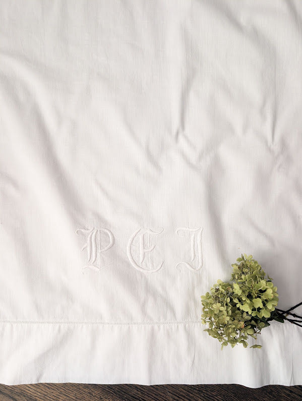 Thumbnail: "PCJ" Monogram Pillowcase Ladderwork White Vintage 32inx22in