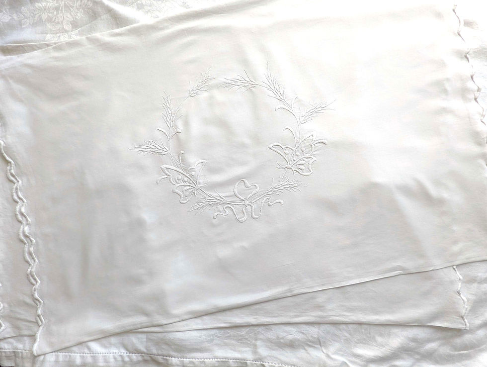 Vintage Pillow Sham Pair Standard Wheat Bows Floral Embroidery White on White