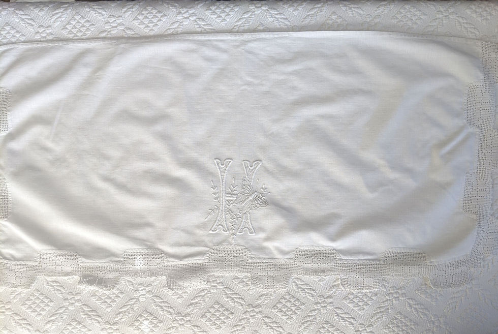 Thumbnail: Monogrammed "H" Dresser Scarf White Crochet Trim Vintage