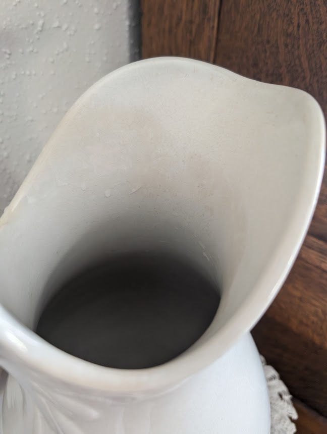 Thumbnail: Mercer Pottery Ironstone White China Pitcher Antique 13in Tall