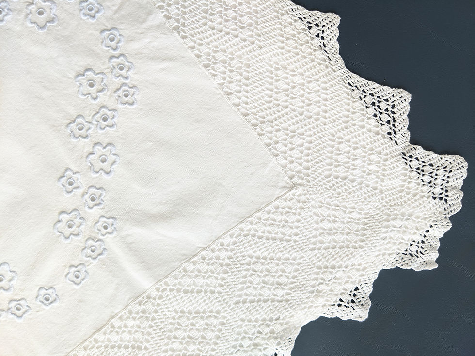 Thumbnail: Vintage Linen Sheet Twin Flat Crochet Trim Blue Floral Embroidery