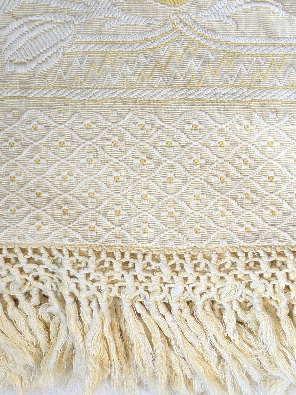 Thumbnail: Vintage Yellow White Twin Bedspread Floral Fringe Cotton