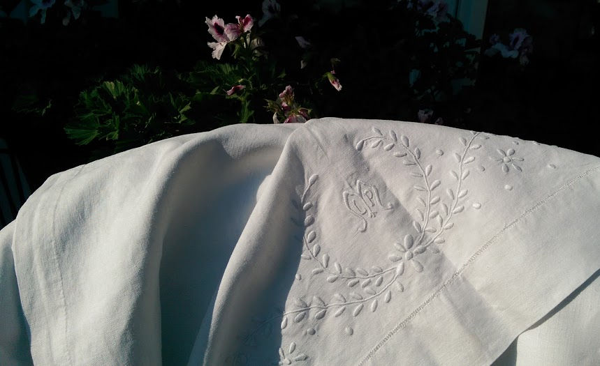Thumbnail: Vintage Linen Sheet Full Double White Embroidery Monogram LPM Cotton