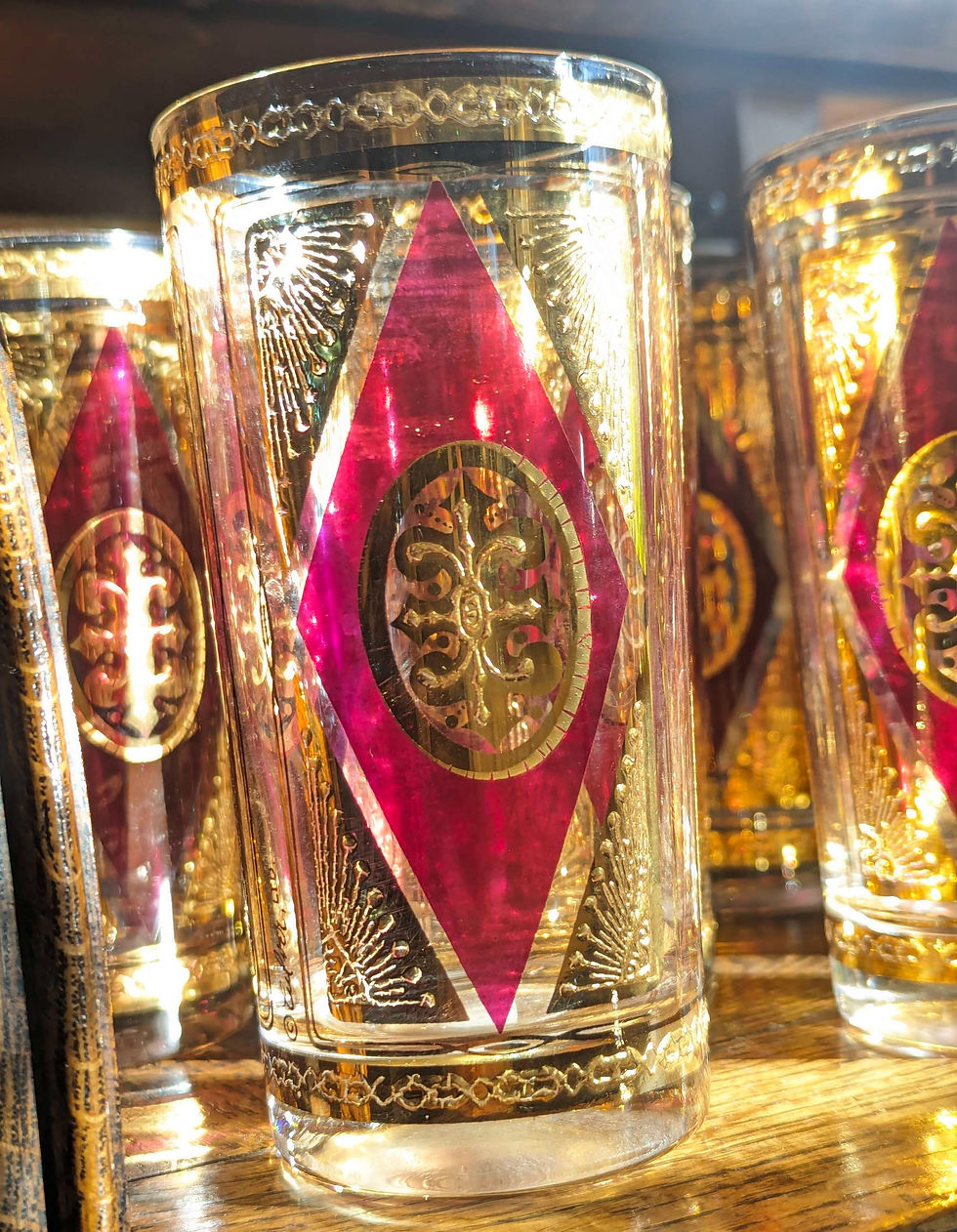 Thumbnail: Culver Set of 7 Cranberry Glass 22Karat Gold Scroll Highball Glasses Tumbler