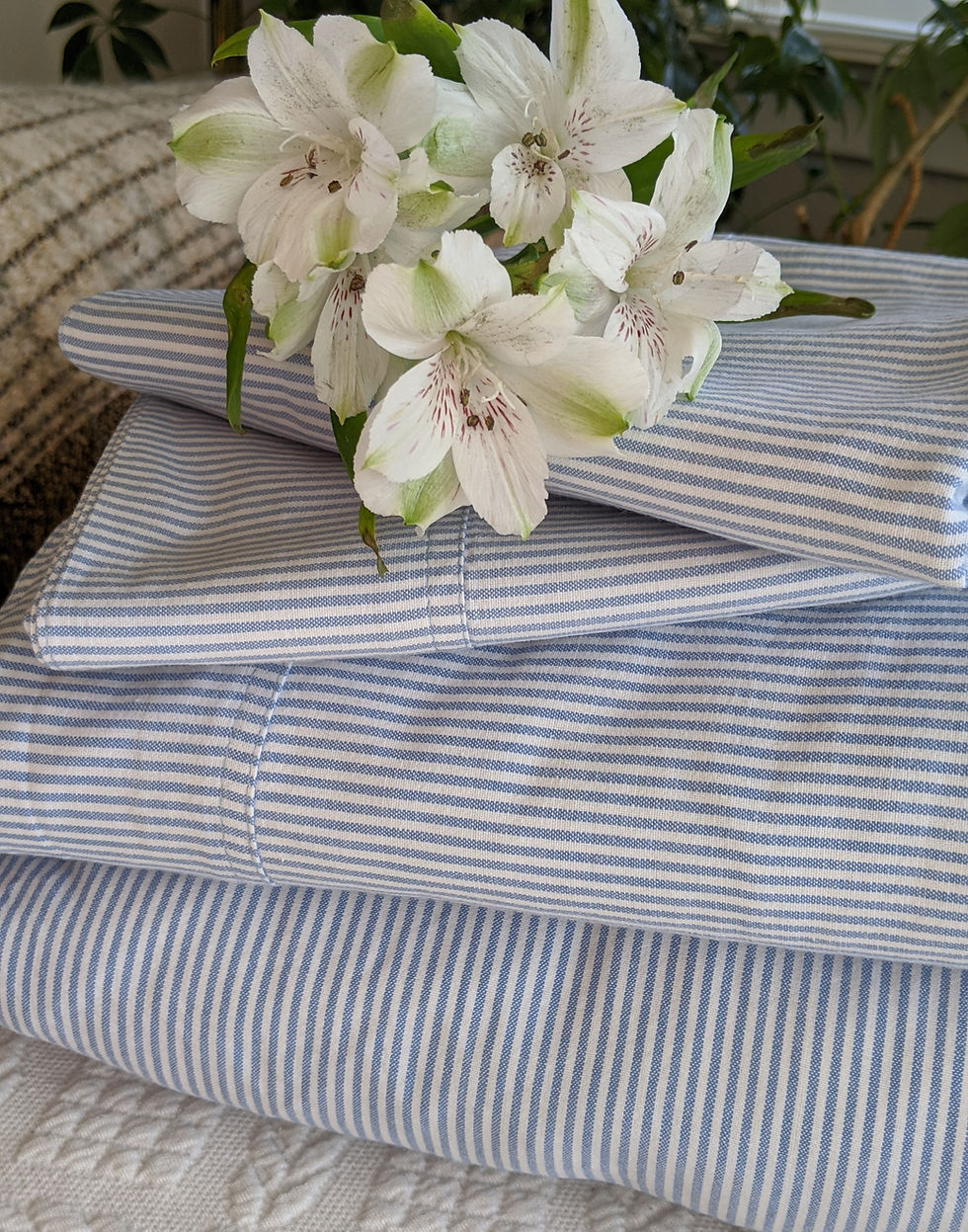 Ralph Lauren Oxford Menswear Blue White Striped King Sheets