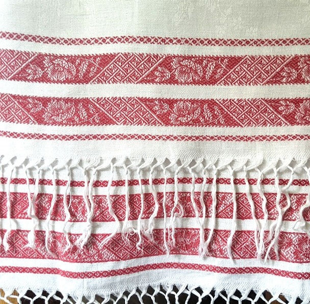Vintage Linen Hand Towel Turkey Red Damask Trim Fringed 46in