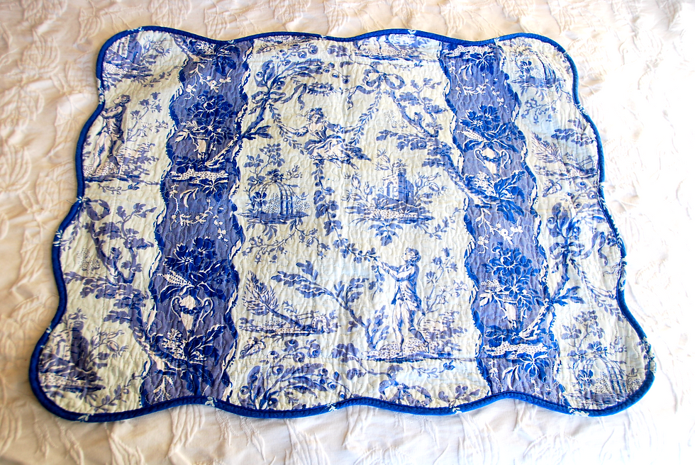 Quilted Toile Standard Sham Blue White Reversible chickadee vintage