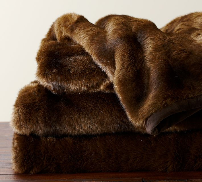 Pottery Barn Faux Fur Warm Soft Blanket Brown Throw 50x60in