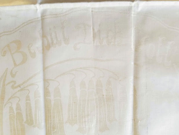 German Figural Linen Damask Tea Towel Trumpeter Behüt Dich Gott