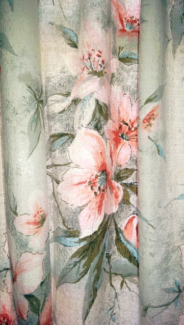 Thumbnail: Vintage Bark Cloth Curtain Panel Floral 56"L x 62"W Gray Pink