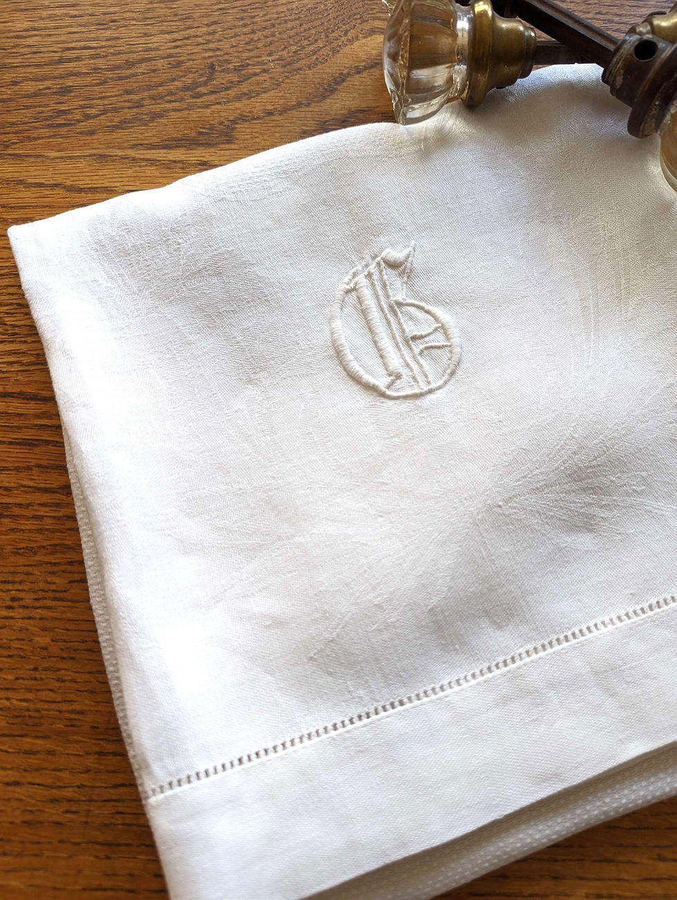 Thumbnail: "G" White Tea Towel Damask Sweet William Monogram  Vintage 40in