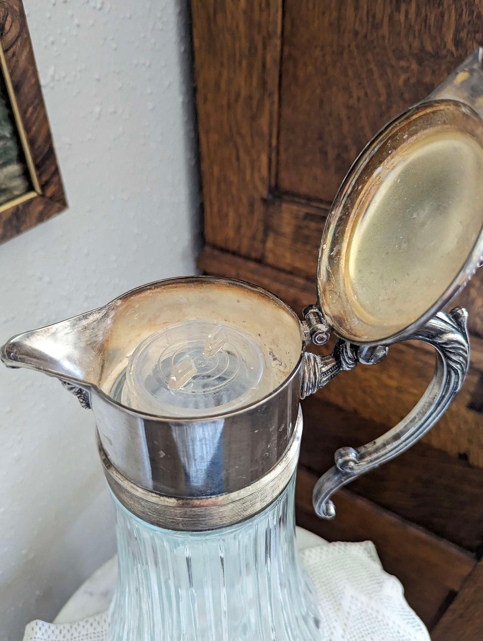 Thumbnail: Italian Crystal Claret or Tea Carafe Pitcher Ice Insert Silverplate 14in