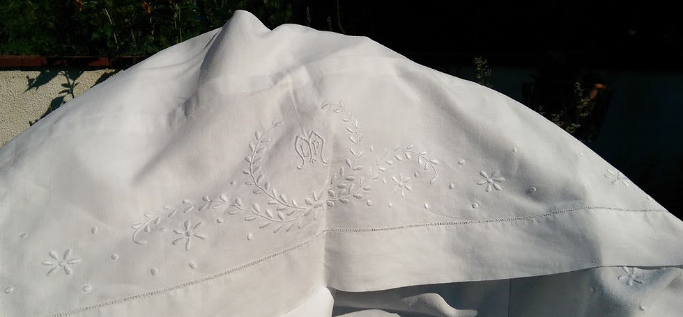Thumbnail: Vintage Linen Sheet Full Double White Embroidery Monogram LPM Cotton