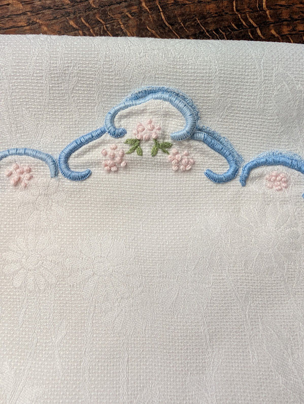 Thumbnail: Tea Towel Detailed Floral Embroidery Scalloped Edge French Knots 38inch