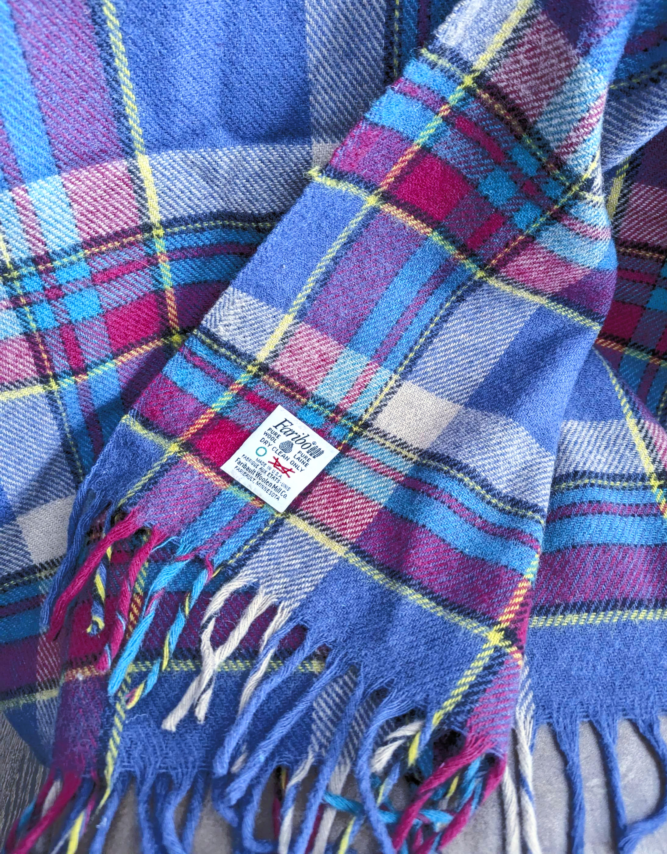 Faribo Plaid Wool Throw Blue Pink Purple Fringe 44x50in