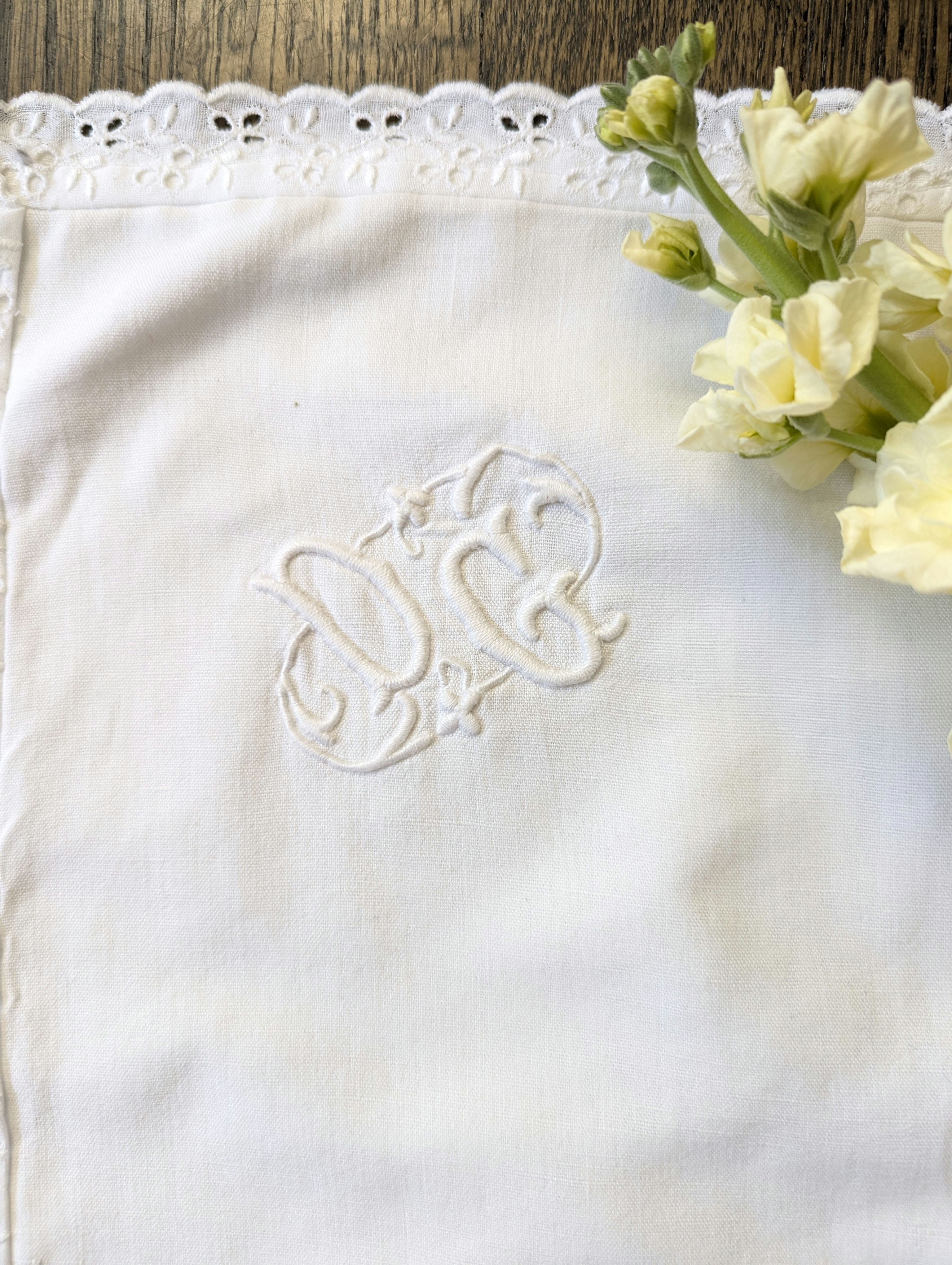 "DG" Monogram Vintage Euro Pillow Cover White Cotton 26in