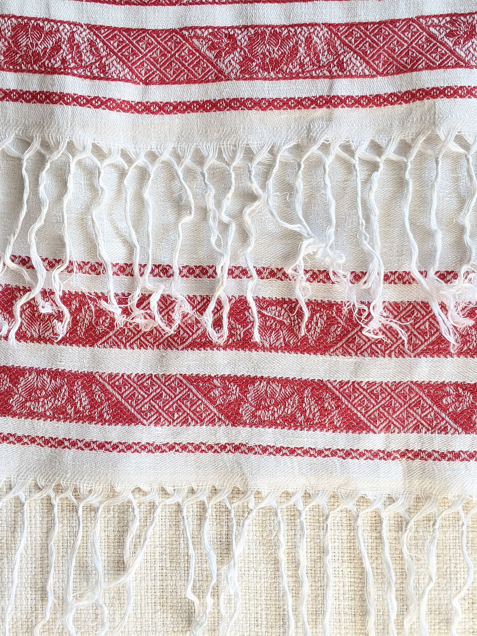 Thumbnail: Vintage Linen Hand Towel Turkey Red Damask Trim Fringed 46in