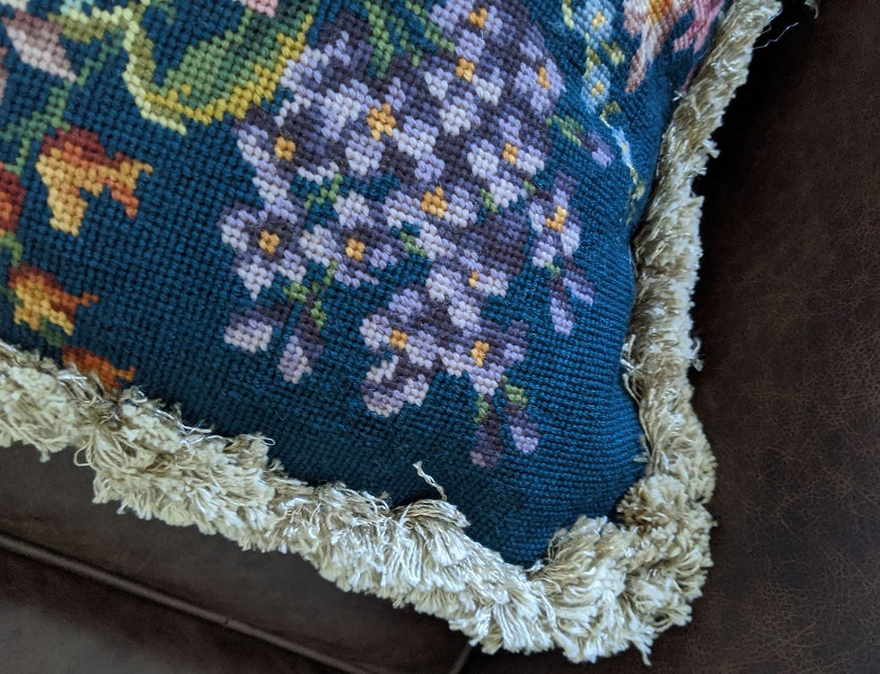 Thumbnail: Needlepoint Pillow Floral Hand Stitched Blue Fringe 18x18 Feather Insert