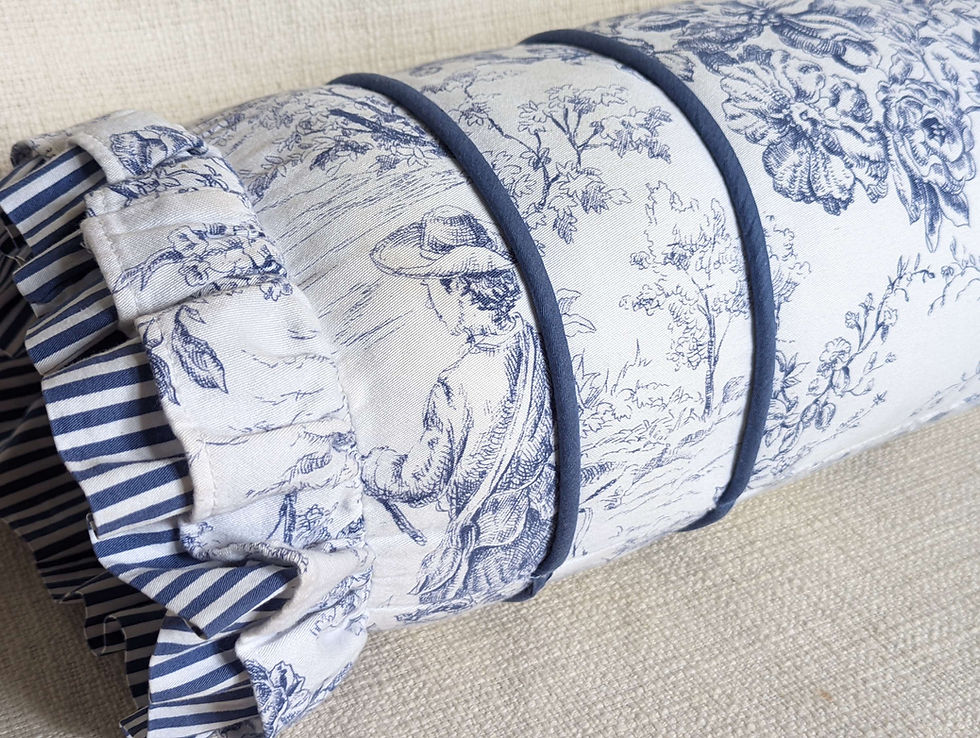 Thumbnail: Toile Floral Bolster Pillow Blue White 22x6 in Custom Made