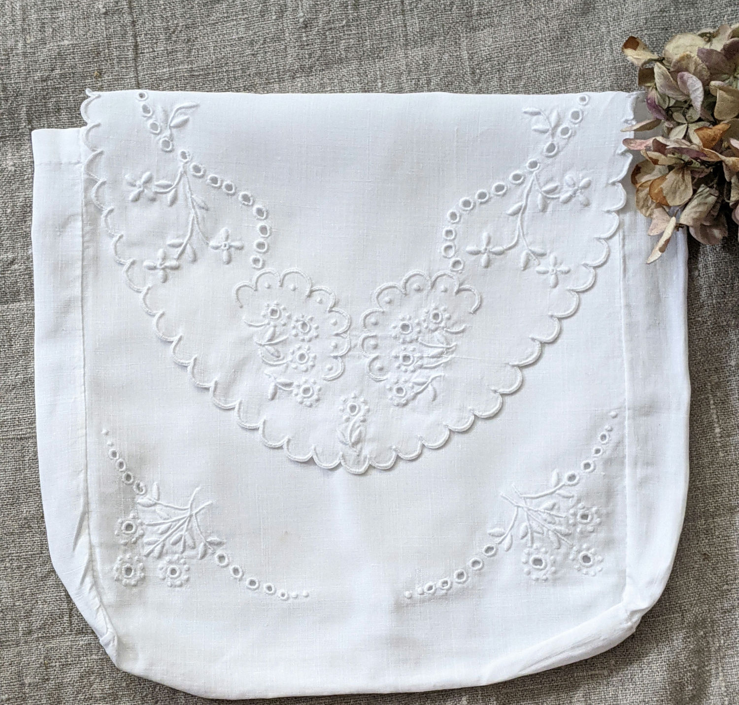 Antique Glove Hankie Bag White on White Cotton Embroidered