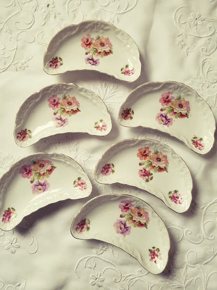 Bone Dish Set Vintage China Floral Crescent chickadee vintage