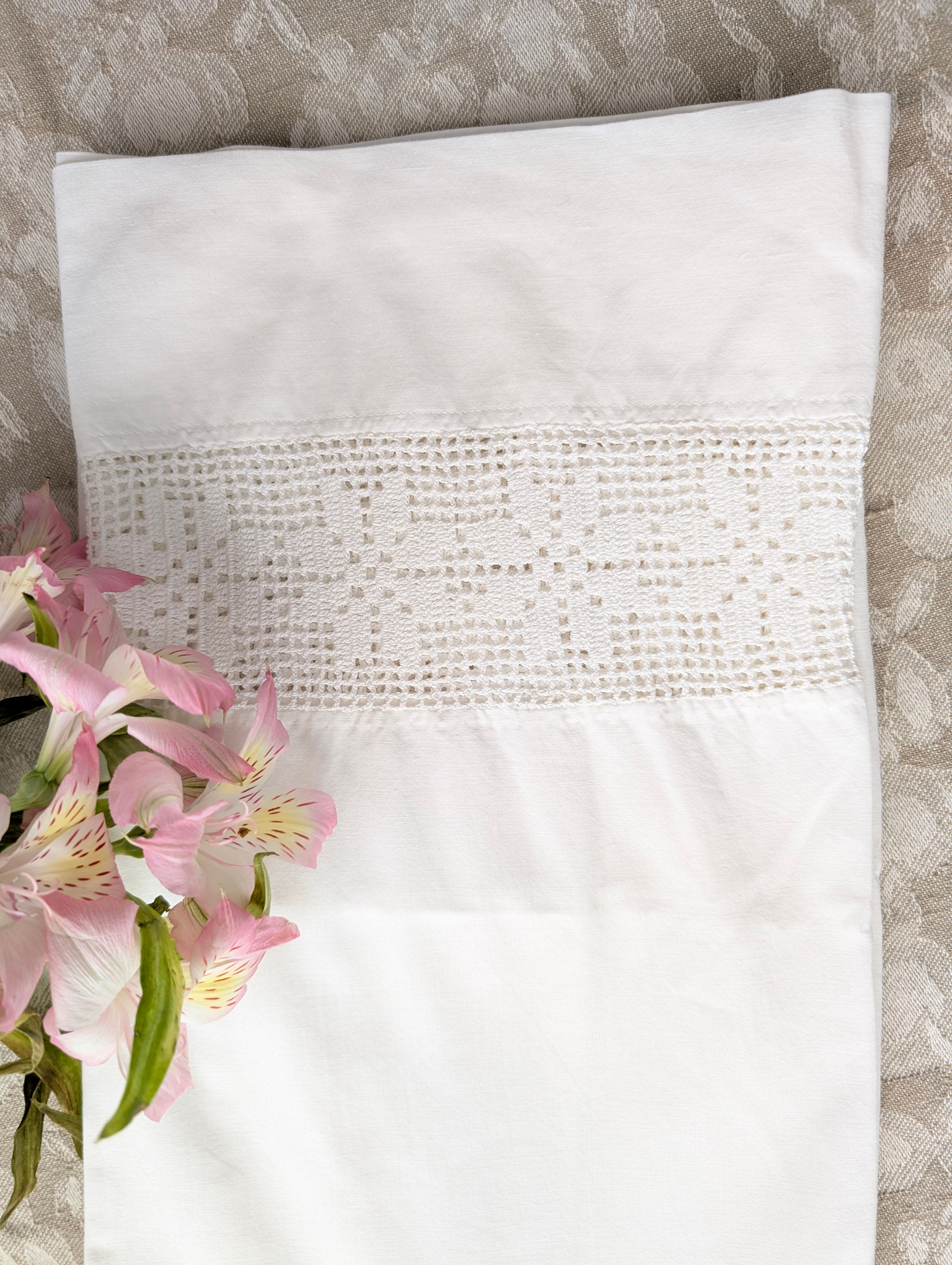 Vintage White Standard Pillowcase Floral Crochet Insert