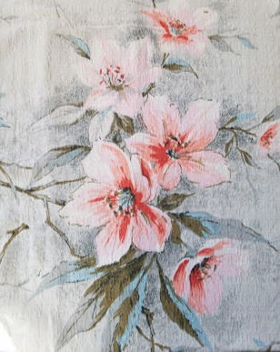 Thumbnail: Vintage Bark Cloth Curtain Panel Floral 56"L x 62"W Gray Pink