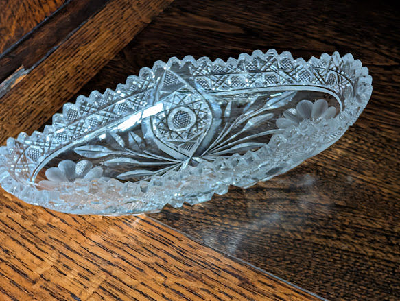 Crystal Relish Dish Hobstar Flowers Scalloped Edge Sawtooth Design on Rim