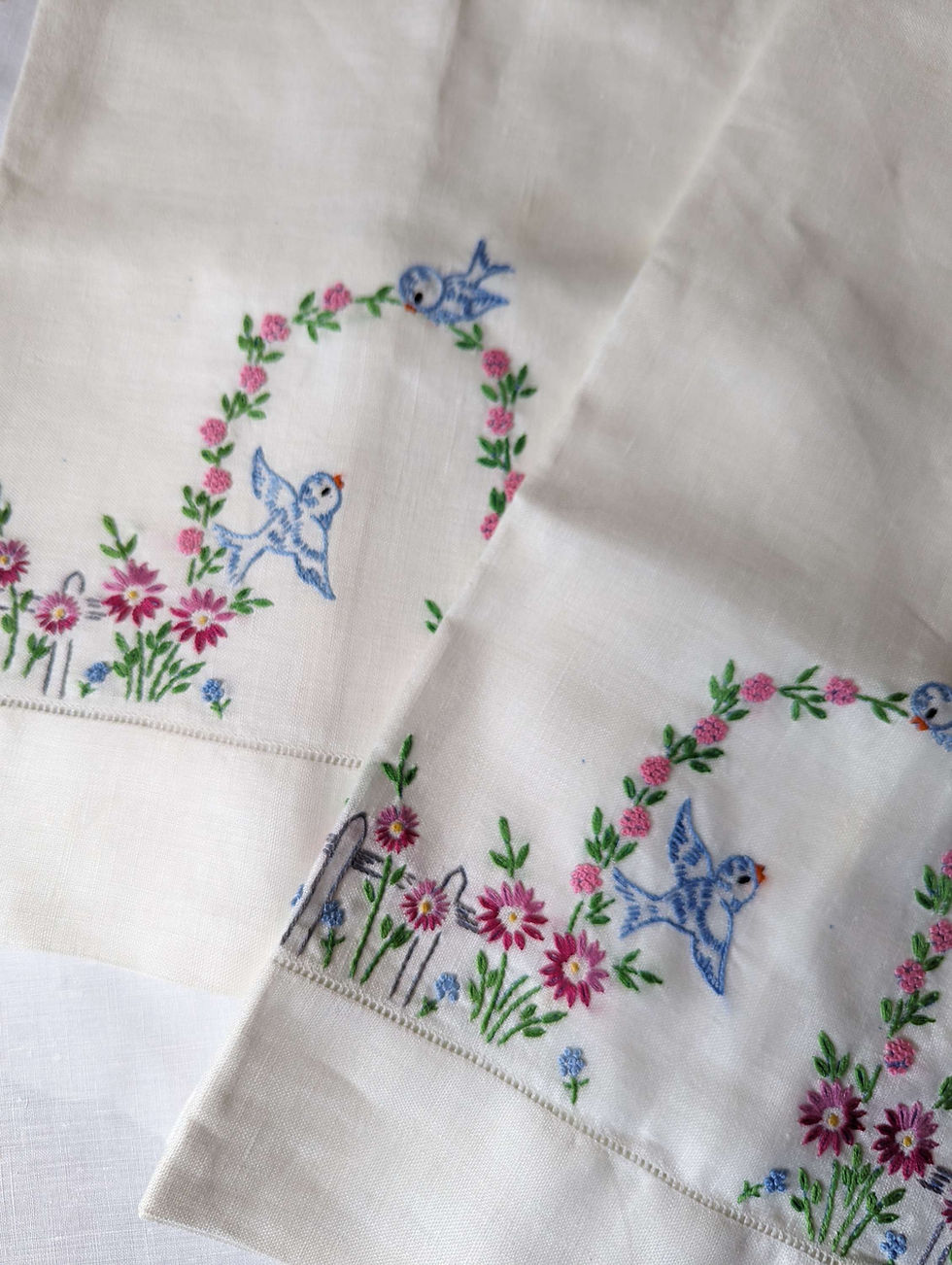 Thumbnail: Vintage Linen Flax Hand Embroidered Pillowcase Pair Birds Flowers