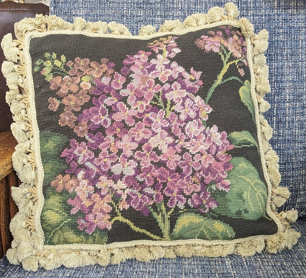 Lilac Needlepoint Pillow Tassel Fringe Kathryn White 18in Feather Insert