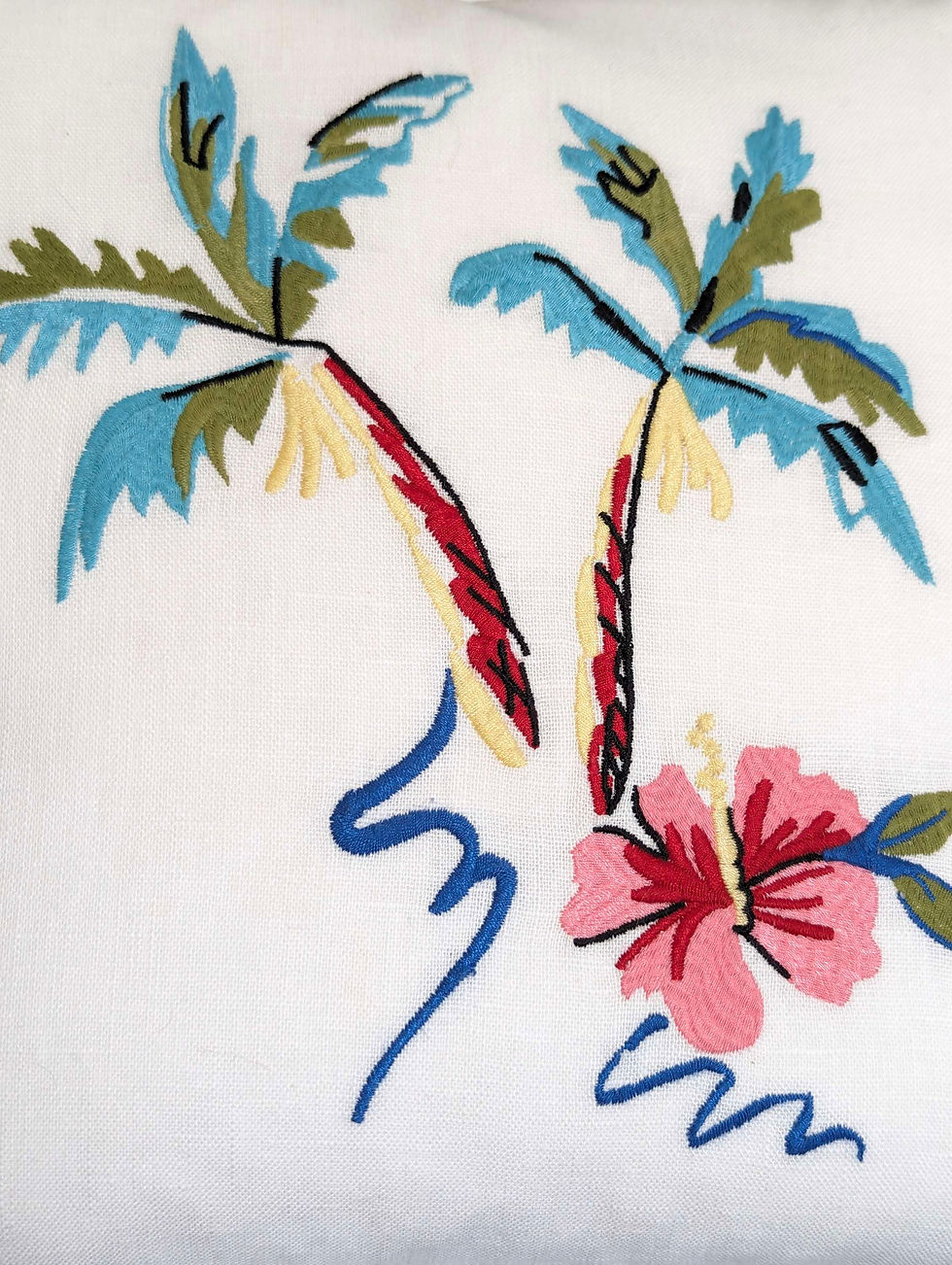 Pottery Barn Crewel Palm Tree Pillow Linen 13in Feather Insert Hibiscus