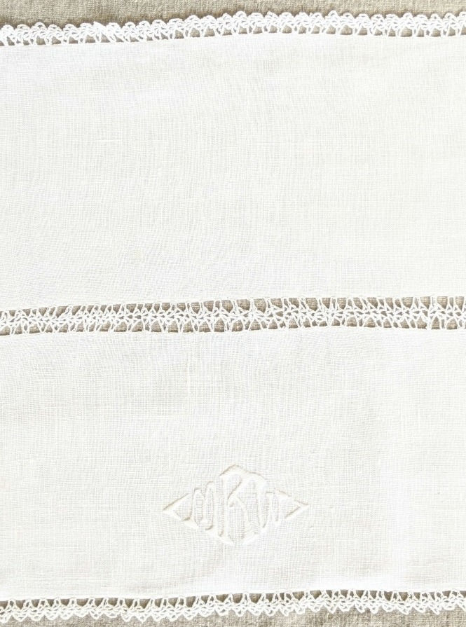 Vintage White Linen Runner "MRW" Monogram Crochet Trim 29in