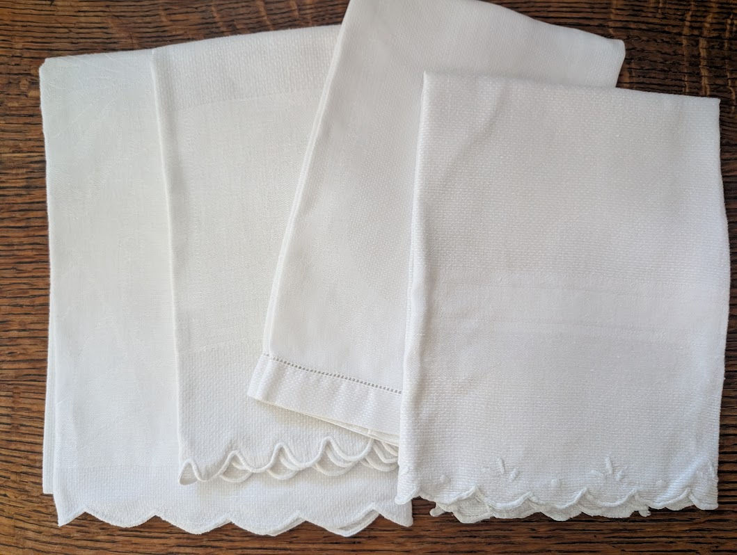 Tea Towel Set of Four Vintage White Huck Tea Towels Variety Sizes