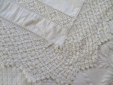 Thumbnail: Antique Linen Full Sheet One Case~Crocheted Trim Red Stitched Monogram